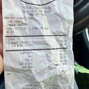 Receipt showing butter costing more than bagels.