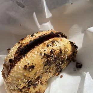 Original egg sandwich on an everything bagel, but burnt. :(