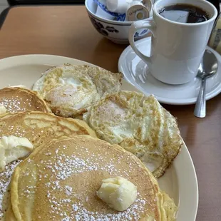 Golden pancakes w/ 2 eggs &amp; coffee