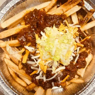 Custom loaded fries with special house made chilli
