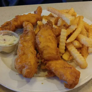 3 piece fish and chips. The pieces of fish are huge.