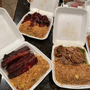 Pork fried rice and BBQ Ribs, pork fried rice and spare ribs, pork friend rice and Mongolian beef.