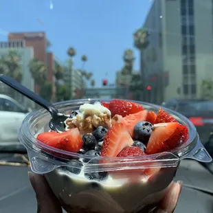 Fruit and yogurt and granola mush bowl