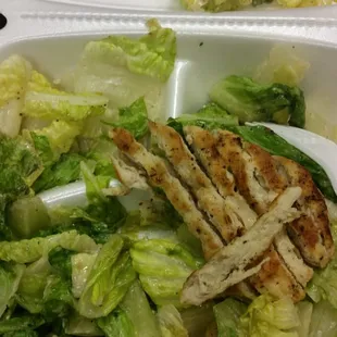 Wilted,  brown,  soggy grilled chicken ceasar salad with traces of carrot, bell pepper,  and onions