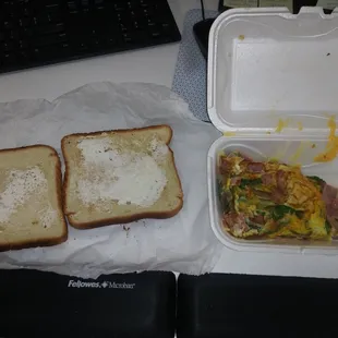 This is what $6 got me.  Supposed to be a western omelet and toast with Cream Cheese. $1 cream cheese.