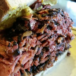 Old school athletic high quality pastrami on rye bread with mustard!