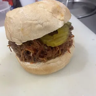Thursday Special: House Made BBQ Pulled Pork (Smoked Slow Roasted Pork Loin) served on Kaiser this one was with Pickles.