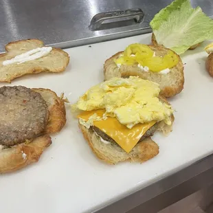 Croissantwich: Eggs, Sausage, Cheddar on Toasted Croissant