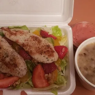 Strawberry salad with Chicken, mushroom barley soup