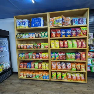 shelves of chips and snacks