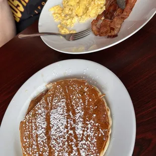 Blueberry Pancakes with bacon and scrambled eggs