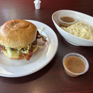 Bacon Cheese Burger (sans cheese) with mashed potatoes and gravy (can't do fries).
