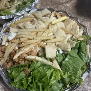 Chicken Platter with added fries, pita, and lettuce. Everything was old, stale, and cold.