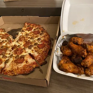 Large Pepperoni and Sausage Pizza with Dozen Buffalo Wings