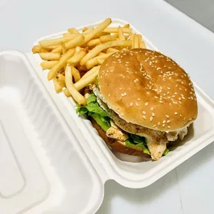 Grilled Chicken sandwich with french fries.