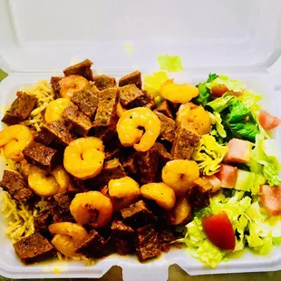 Grilled Shrimps &amp; Grilled Lamb Over rice &amp; salad