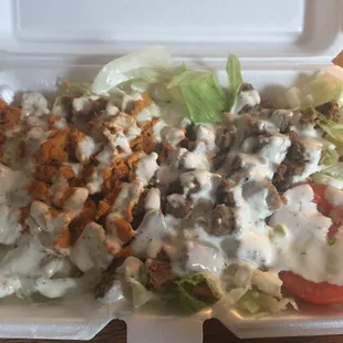 Combo (chicken and lamb) over salad with white sauce