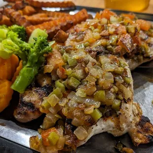 Charbroiled Chicken, steamed veggies and sweet potato fries