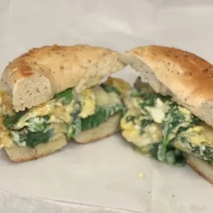 Egg on a bagel with spinach and swiss!
