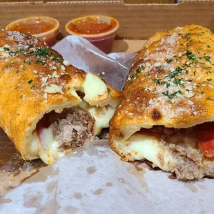Sausage and pepperoni Stromboli - Cut to show contents!