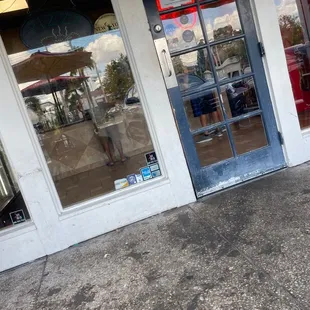 the entrance to a restaurant