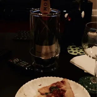 Grandma pizza &amp; a bottle of Moët