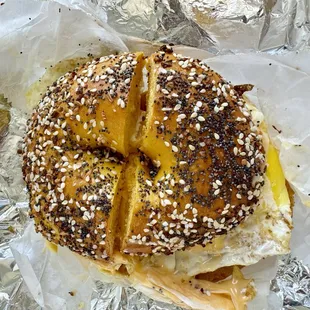 Sausage, egg, &amp; cheese on egg everything bagel