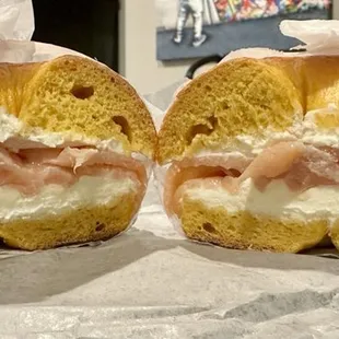 Egg bagel with lox and cream cheese