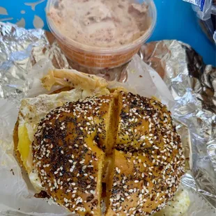 Sundried tomato cream cheese + Sausage, egg, &amp; cheese on egg everything bagel