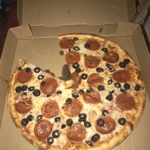Small 2 topping pizza.  8 pieces. Olives and pepperoni.