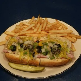 a hot dog and french fries