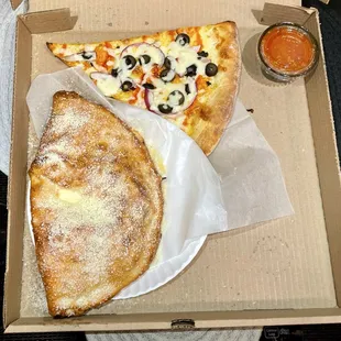 Meat Lover's Calzone and Buffalo Chicken Slice with Extra Toppings