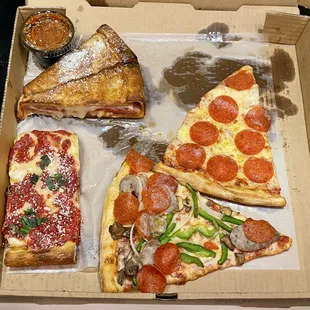Clockwise from upper left: Stuffed Slice (bifurcated), Pepperoni, NY Supreme and Grandma Slices