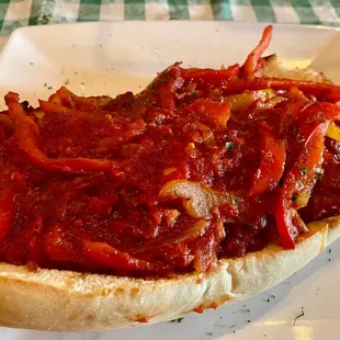 Vegan sausage and pepper sandwich