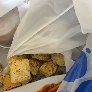Croutons in the trash
