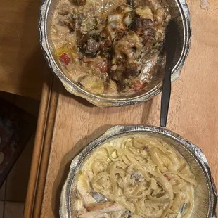 Steak Stuffed Mushrooms and grilled chicken fettuccine Alfredo