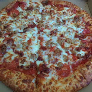 Large, 3 meat (pepperoni, sausage and bacon)  +Xtra cheese