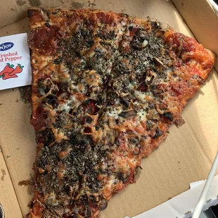 Alice of pizza- pepperoni, basil, mushrooms