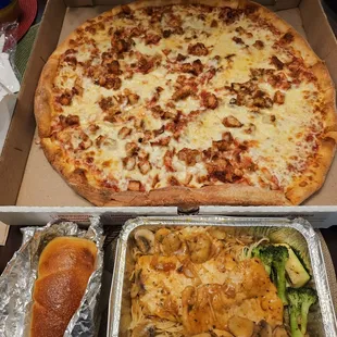Chicken parmigiana pizza, chicken marsala pasta