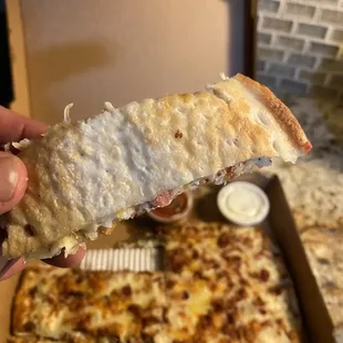 a hand holding a slice of pizza