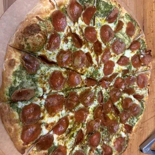 Pepperoni with pesto sauce