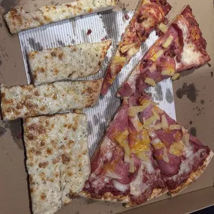 Better something than nothing! Super Hawaiian pizza and Garlic Cheese Bread!