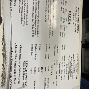 the menu for the new york pizza parlor