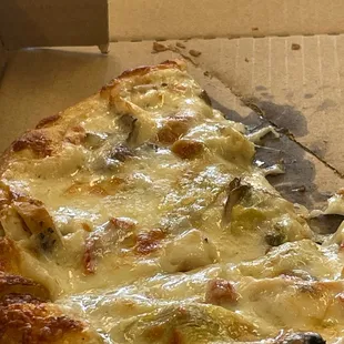 Topping smothered under cheese sauce and very very bleak.