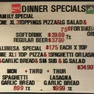 Dinner Specials menu (as of 7/24/23)