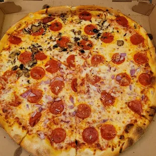 18" pepperoni, half onion, half mushroom