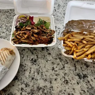 Chicken Shawarma Sandwich, French Fries, Shawarma Salad