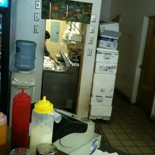 The kitchen towards the back