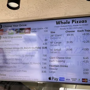 a menu for the whole pizzas