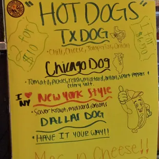 Hot Dog menu.